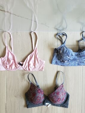 Lucky Brand Pink Satin, Blue Marble & Floral Lace Bra Set